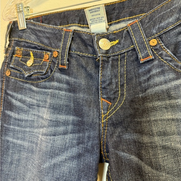 True Religion Men's Hand Picked Slim Red Orange Stitch Jeans Lost Lagoon Size 28 - Picture 4 of 8